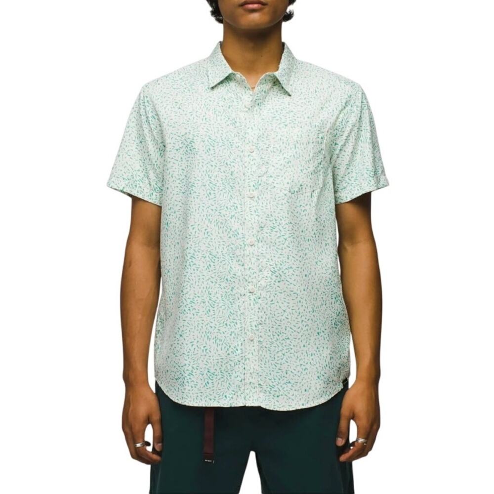 prAna Mens M Lost Sol Printed Button Shirt Hiking Outdoor Vented UPF30 Teal
